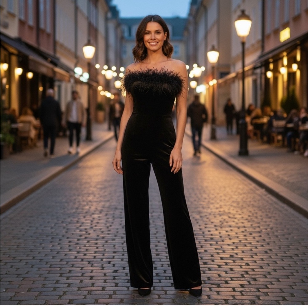 Liv Foster Black Velvet Feather Trim Strapless Jumpsuit Size 0 NWT Chic Holiday